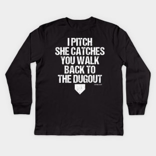 Catches Softball Pitcher Catcher Baseball Player Kids Long Sleeve T-Shirt